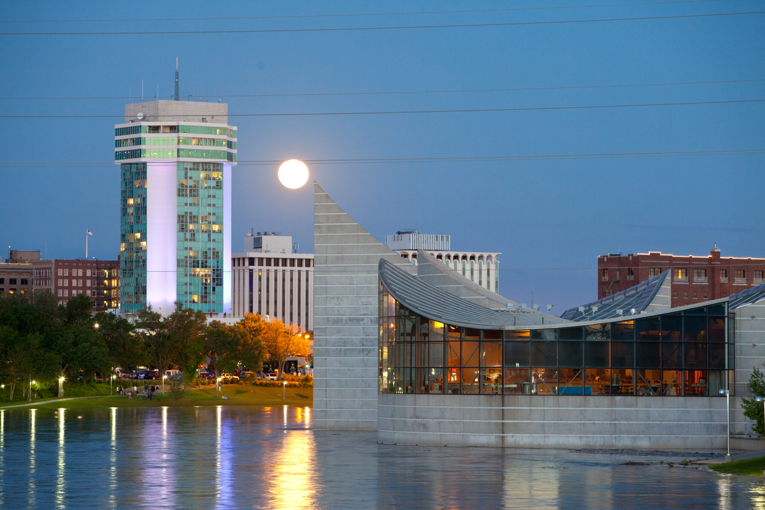 Downtown Wichita, KS in the evening with full moon.